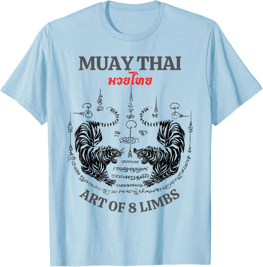 Sak Yant Twin Tiger - Muay Thai Magical Tattoo Strength T-Shirt - T-Shirt | Light Blue