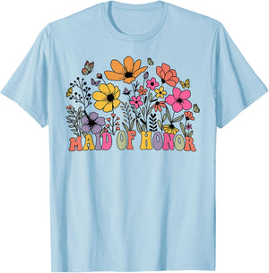 Floral Maid Of Honor Wildflowers Groovy Bachelorette Party T-Shirt - T-Shirt | Light Blue
