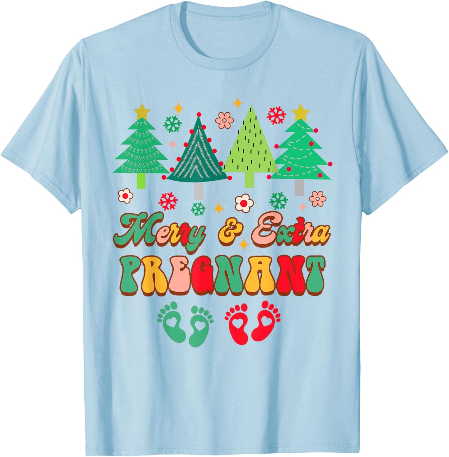 Christmas Twin Pregnancy Announcement Merry & Extra Pregnant T-Shirt - T-Shirt | Light Blue