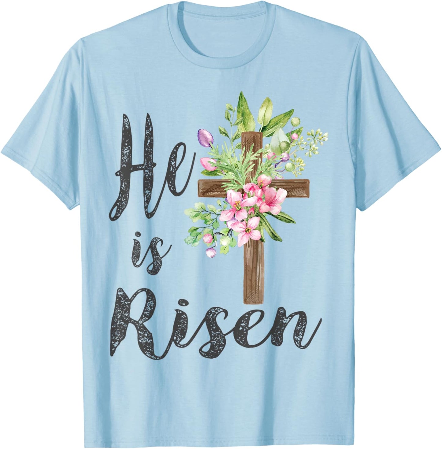 He is Risen Floral Cross Vintage Happy Easter T-Shirt - T-Shirt | Light Blue