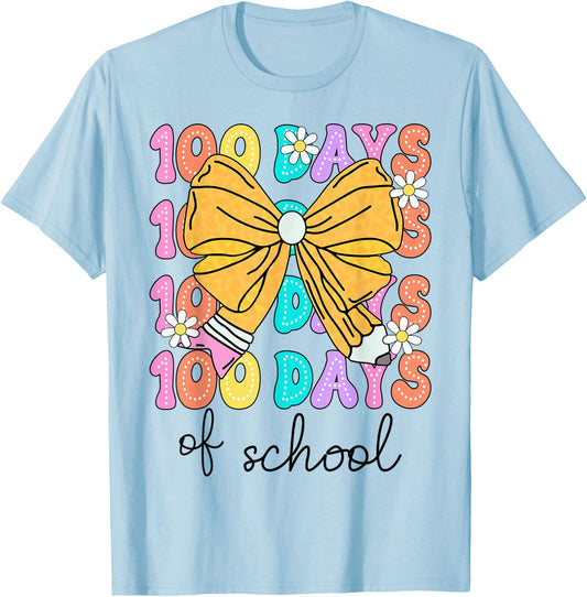 100 Days Of School Coquette Bow 100th Day School Kids Girls T-Shirt - T-Shirt | Light Blue