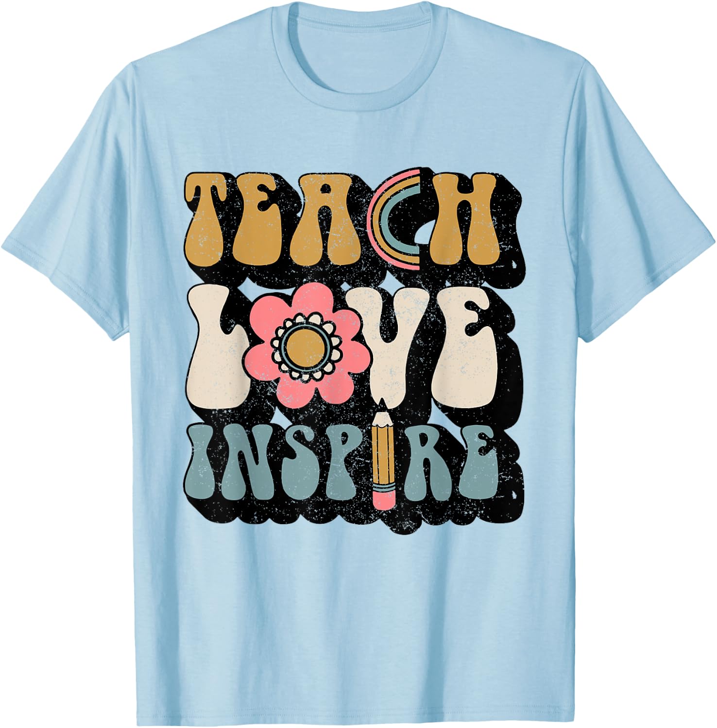 Back To School Teach Love Inspire Retro Teachers Women Gift T-Shirt - T-Shirt | Light Blue