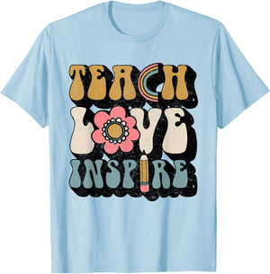 Back To School Teach Love Inspire Retro Teachers Women Gift T-Shirt - T-Shirt | Light Blue
