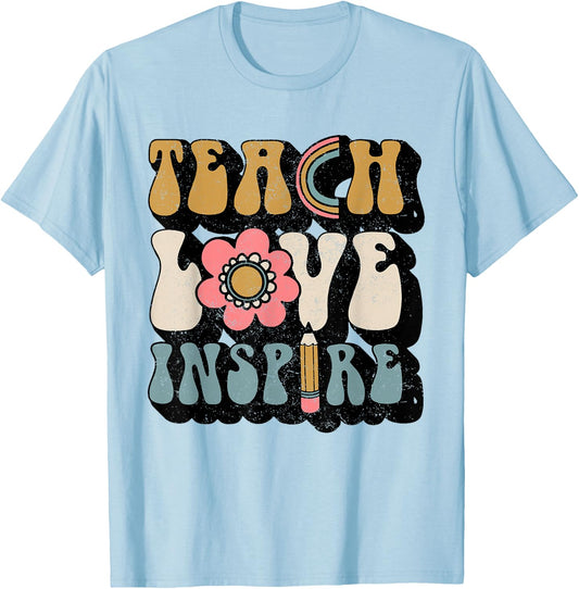 Back To School Teach Love Inspire Retro Teachers Women Gift T-Shirt - T-Shirt | Light Blue