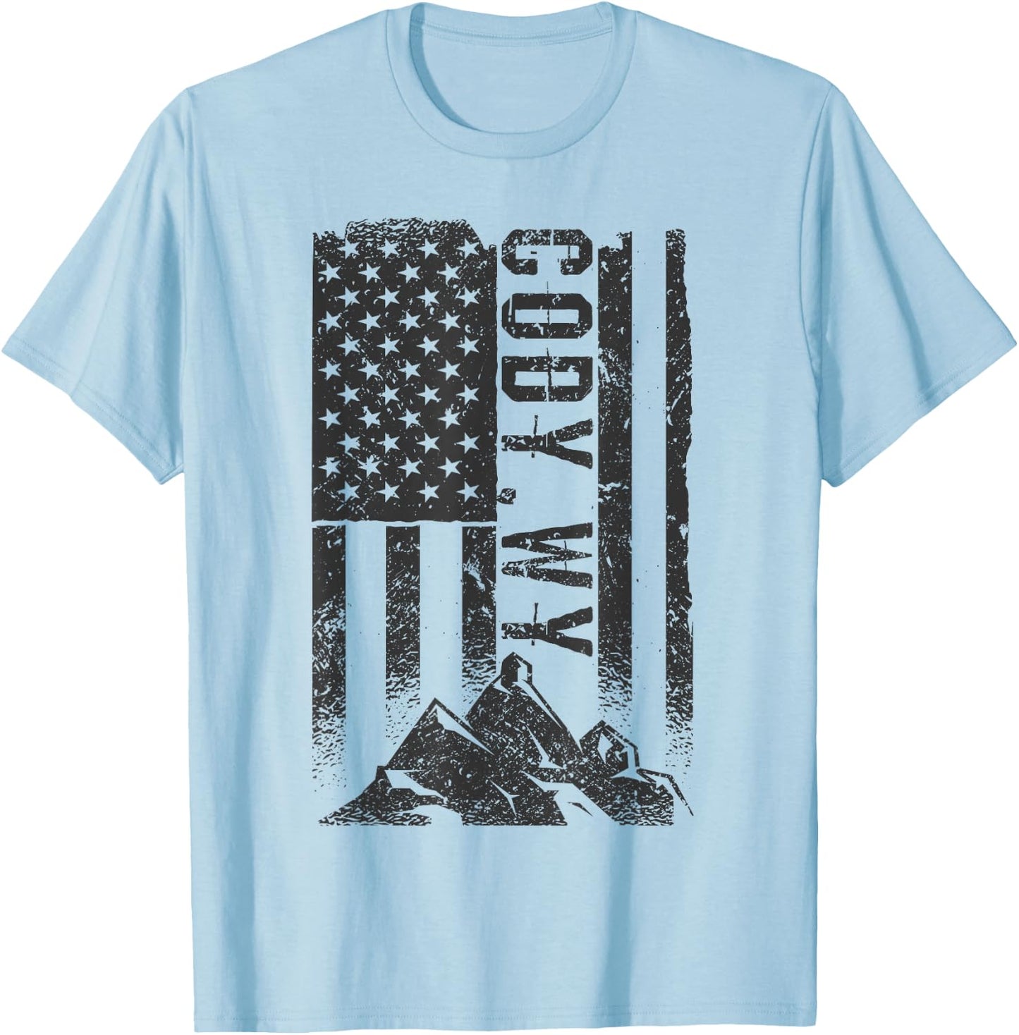 American Flag Patriotic Cody Wyoming Mountains T-Shirt - T-Shirt | Light Blue