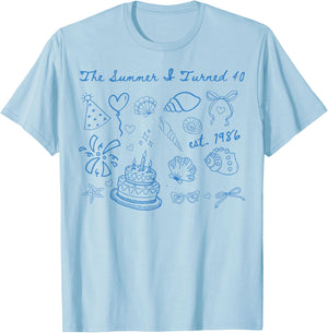 Summer I Turned Forty 40th Birthday Coastal Bow Seashell T-Shirt - T-Shirt | Light Blue