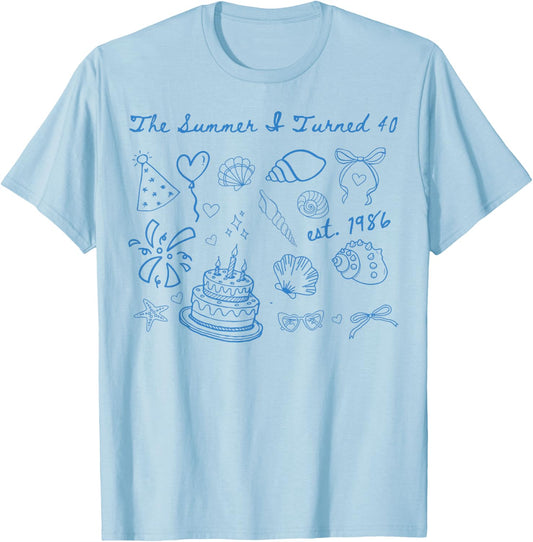 Summer I Turned Forty 40th Birthday Coastal Bow Seashell T-Shirt - T-Shirt | Light Blue