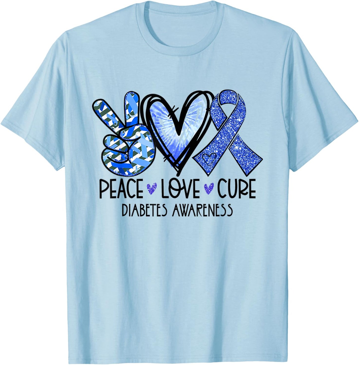 Peace Love Cure Type 1 Diabetes Awareness T1D Blue Ribbon T-Shirt - T-Shirt | Light Blue