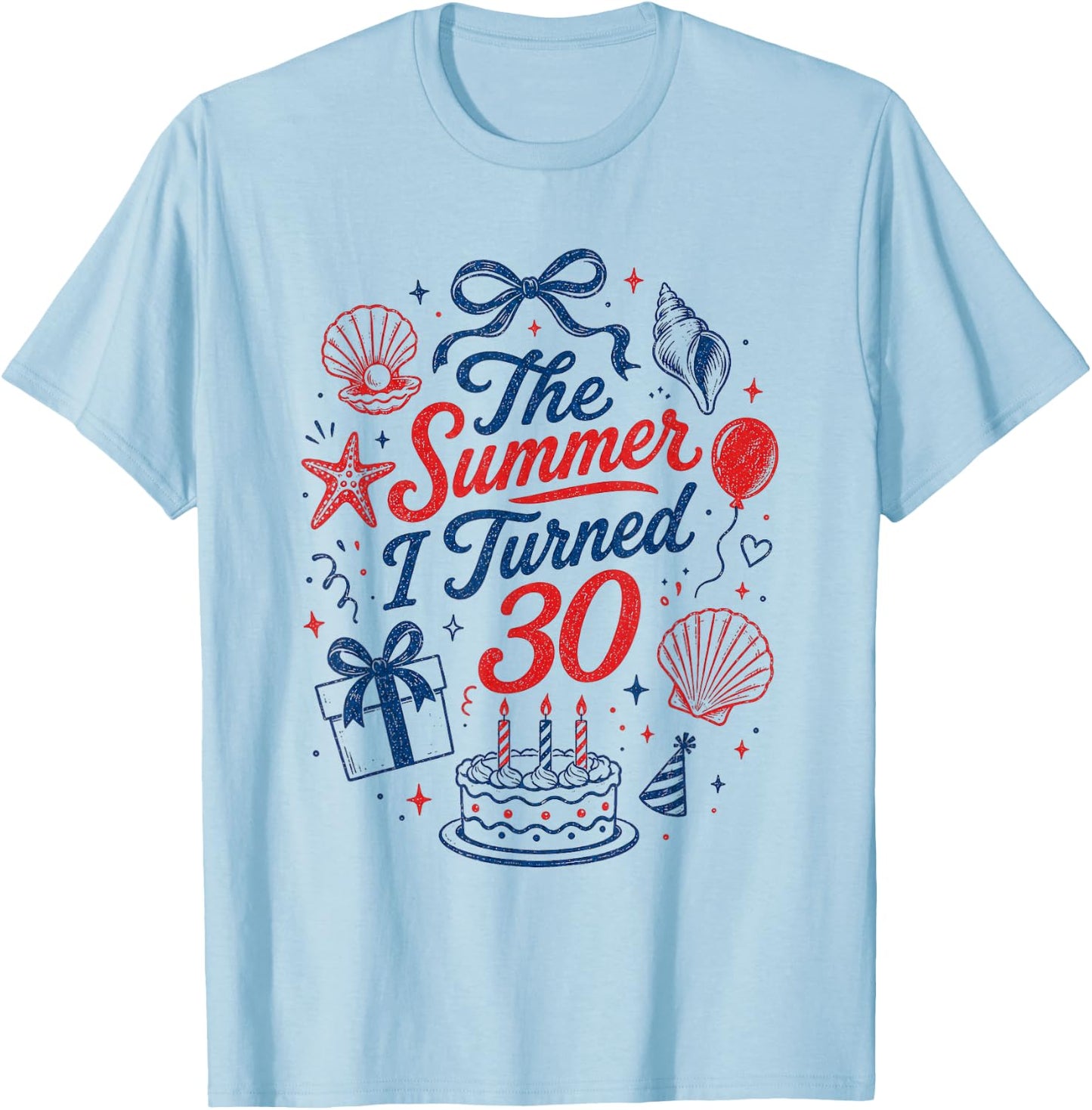 30th Birthday Girl Coastal Bow Seashell Summer I Turned 30 T-Shirt - T-Shirt | Light Blue