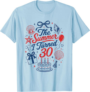 30th Birthday Girl Coastal Bow Seashell Summer I Turned 30 T-Shirt - T-Shirt | Light Blue
