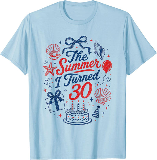 30th Birthday Girl Coastal Bow Seashell Summer I Turned 30 T-Shirt - T-Shirt | Light Blue