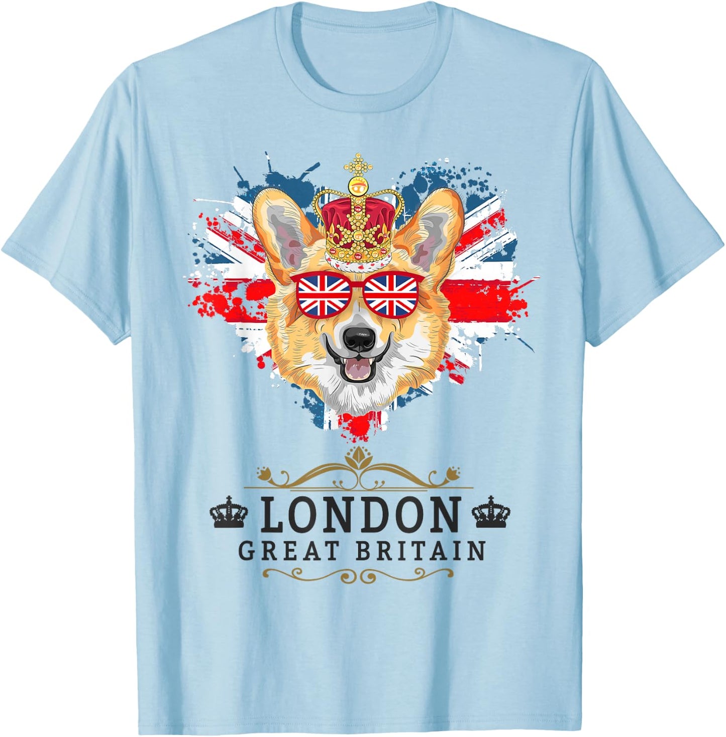 London Idea For Kids With Union Jack Flag Of England & Corgi T-Shirt - T-Shirt | Light Blue