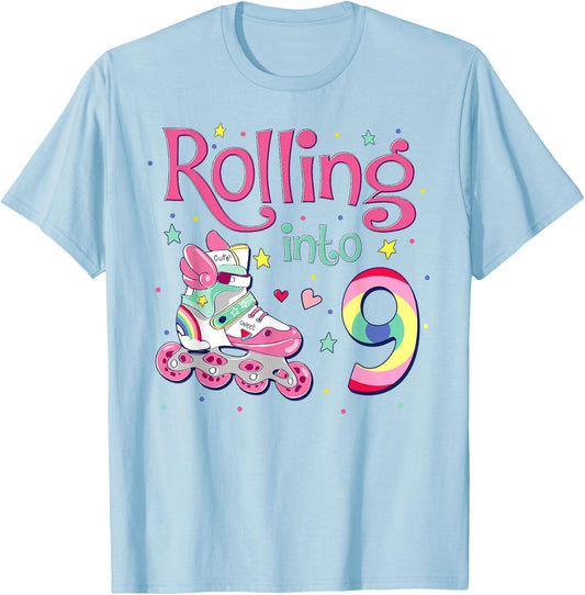 9th Bday Rolling Into 9 Birthday Girl Roller Skate Party T-Shirt - T-Shirt | Light Blue