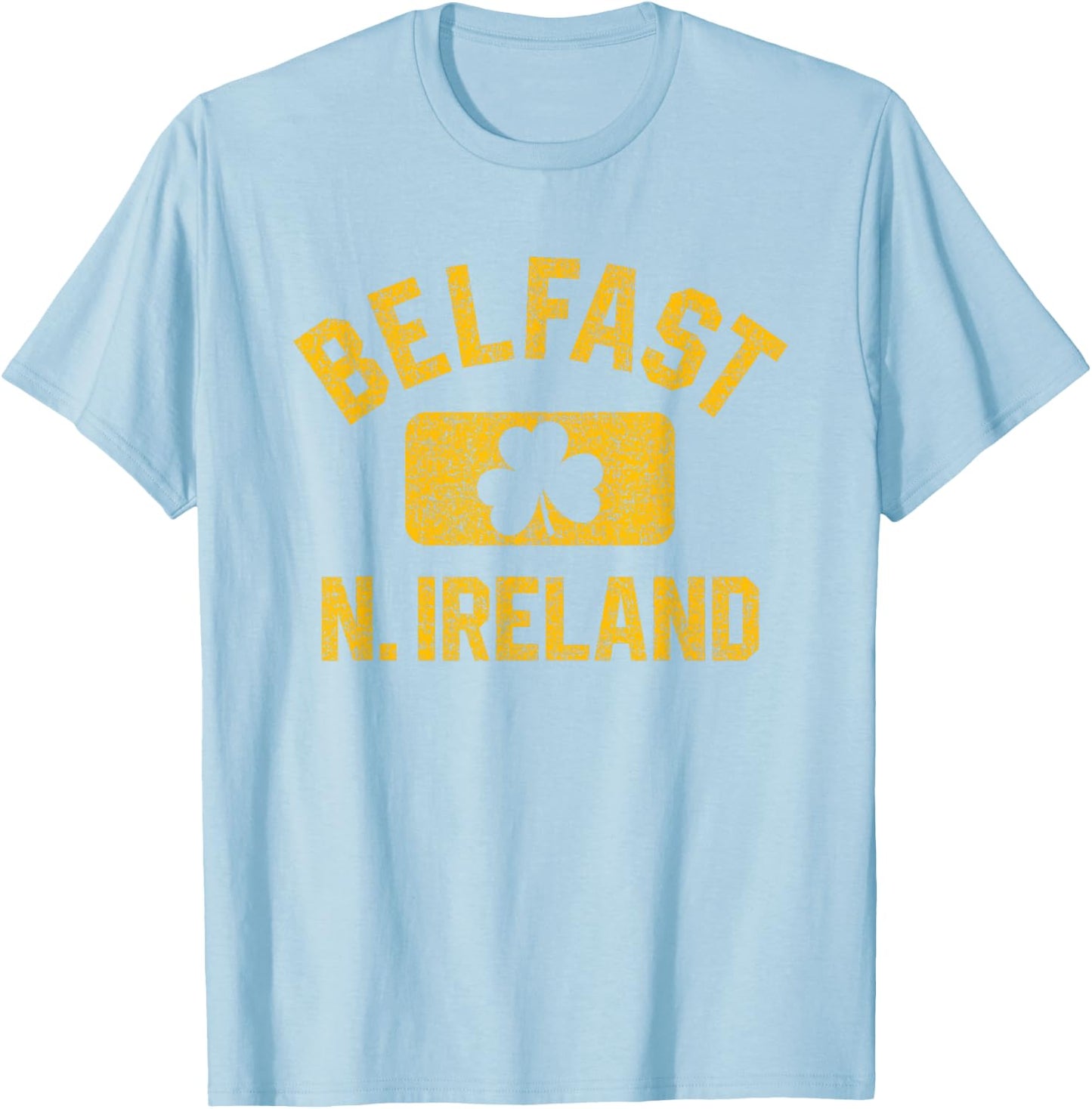 Belfast N. Ireland Gym Style Green w Distressed Amber Print T-Shirt - T-Shirt | Light Blue