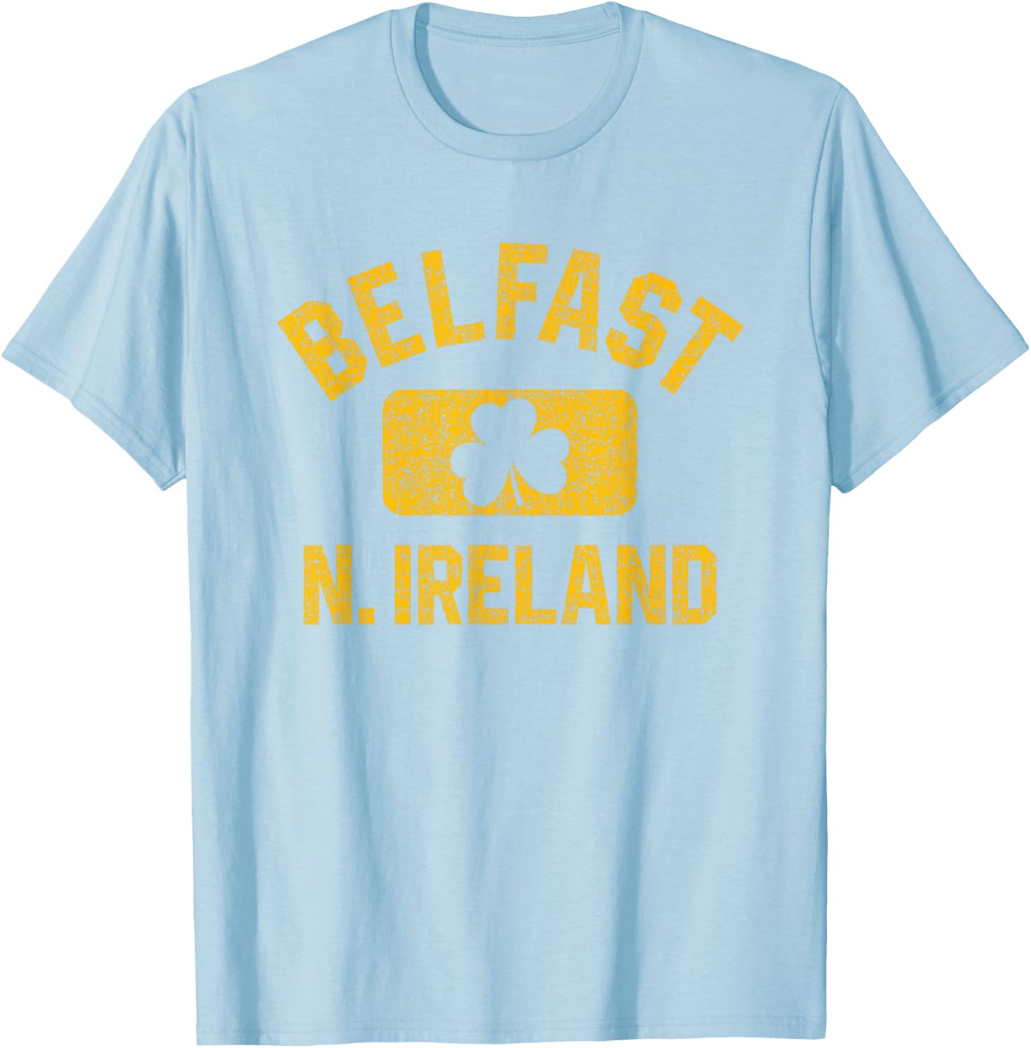 Belfast N. Ireland Gym Style Green w Distressed Amber Print T-Shirt - T-Shirt | Light Blue