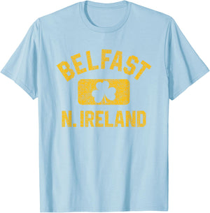 Belfast N. Ireland Gym Style Green w Distressed Amber Print T-Shirt - T-Shirt | Light Blue