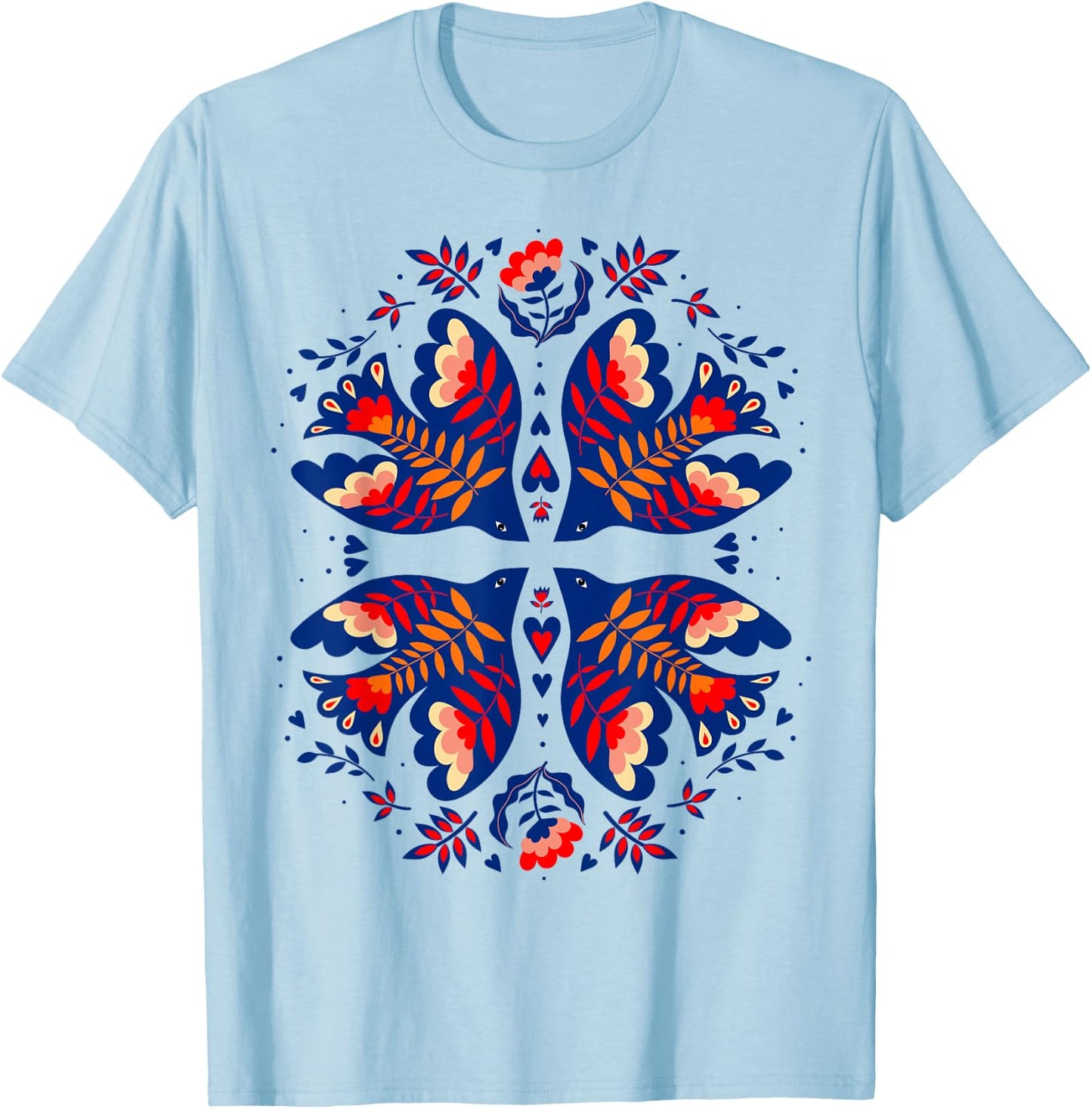 Free Ukraine Folk Art Flowers Birds Hearts Vyshywanka Style T-Shirt - T-Shirt | Light Blue