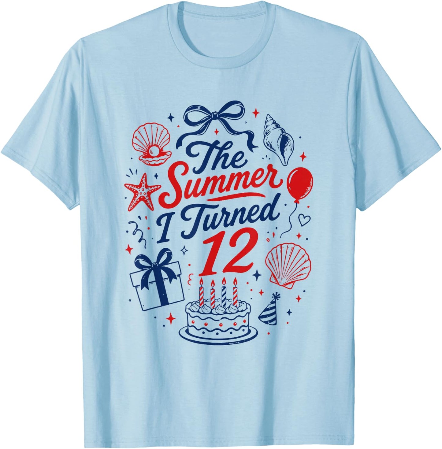 12th Birthday Girl Coastal Bow Seashell Summer I Turned 12 T-Shirt - T-Shirt | Light Blue