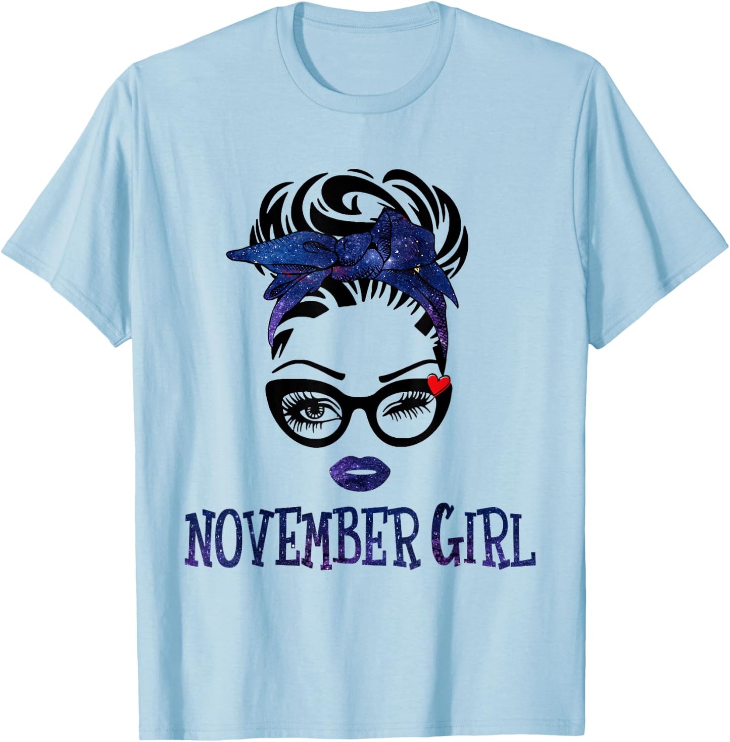 November Girl Galaxy Woman Face Messy Bun Hair Bandana Bday T-Shirt - T-Shirt | Light Blue