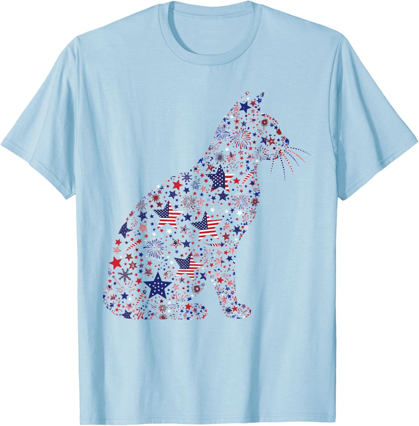 Patriotic Cat 4th of July American Flag Fireworks Cats Lover T-Shirt - T-Shirt | Light Blue