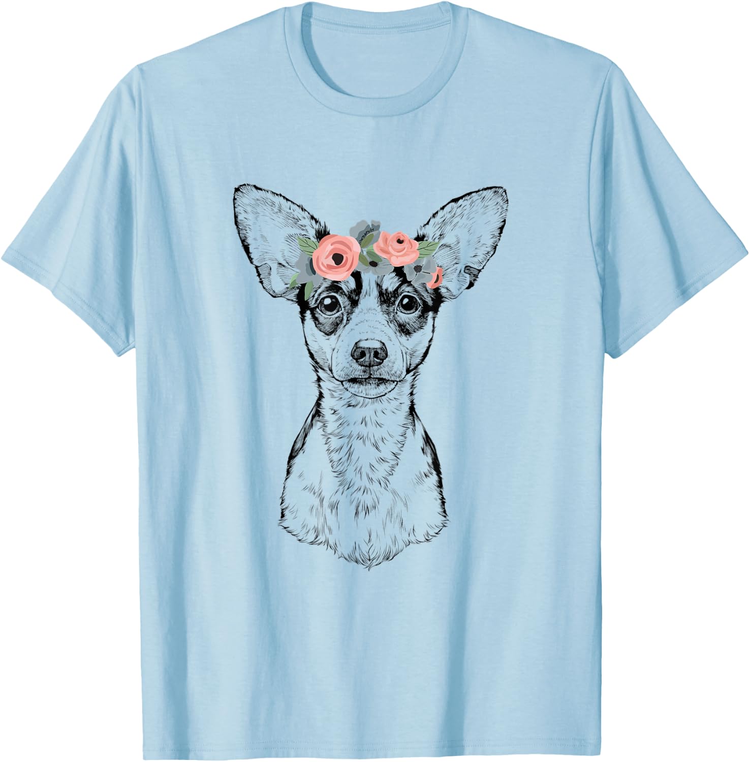 Rat Terrier with Floral Headband Dog Mom T-Shirt - T-Shirt | Light Blue