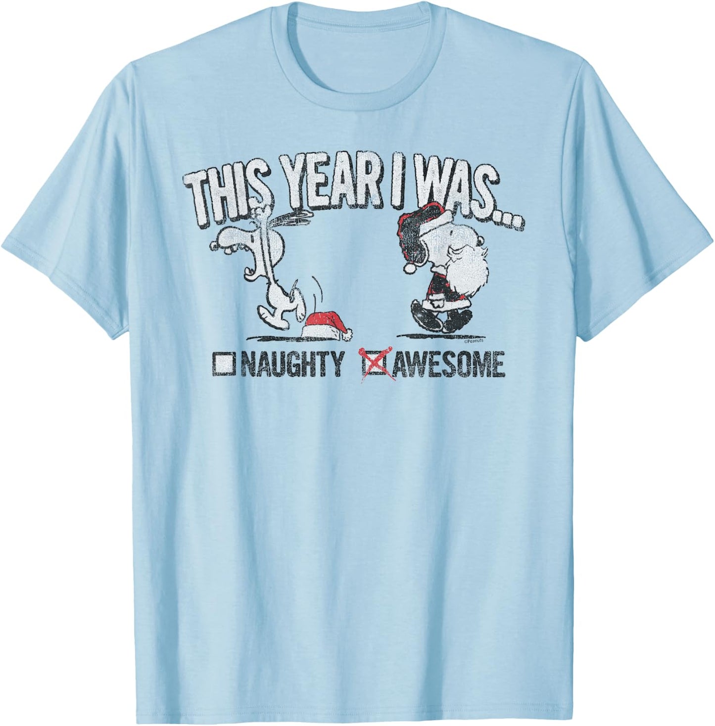 Peanuts Snoopy Naughty Awesome Christmas T-Shirt - T-Shirt | Light Blue