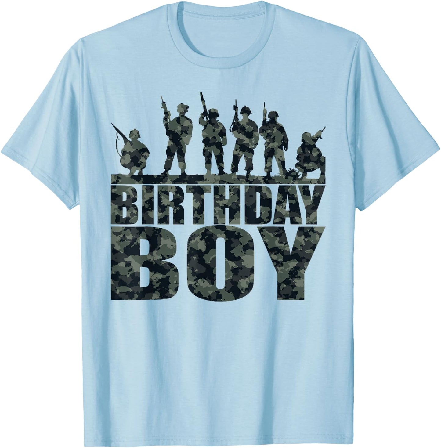 Birthday Boy Army Party Military Party Supplies Camo Green T-Shirt - T-Shirt | Light Blue