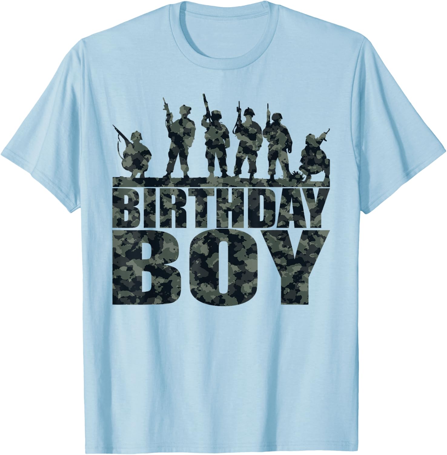 Birthday Boy Army Party Military Party Supplies Camo Green T-Shirt - T-Shirt | Light Blue