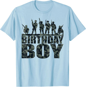 Birthday Boy Army Party Military Party Supplies Camo Green T-Shirt - T-Shirt | Light Blue