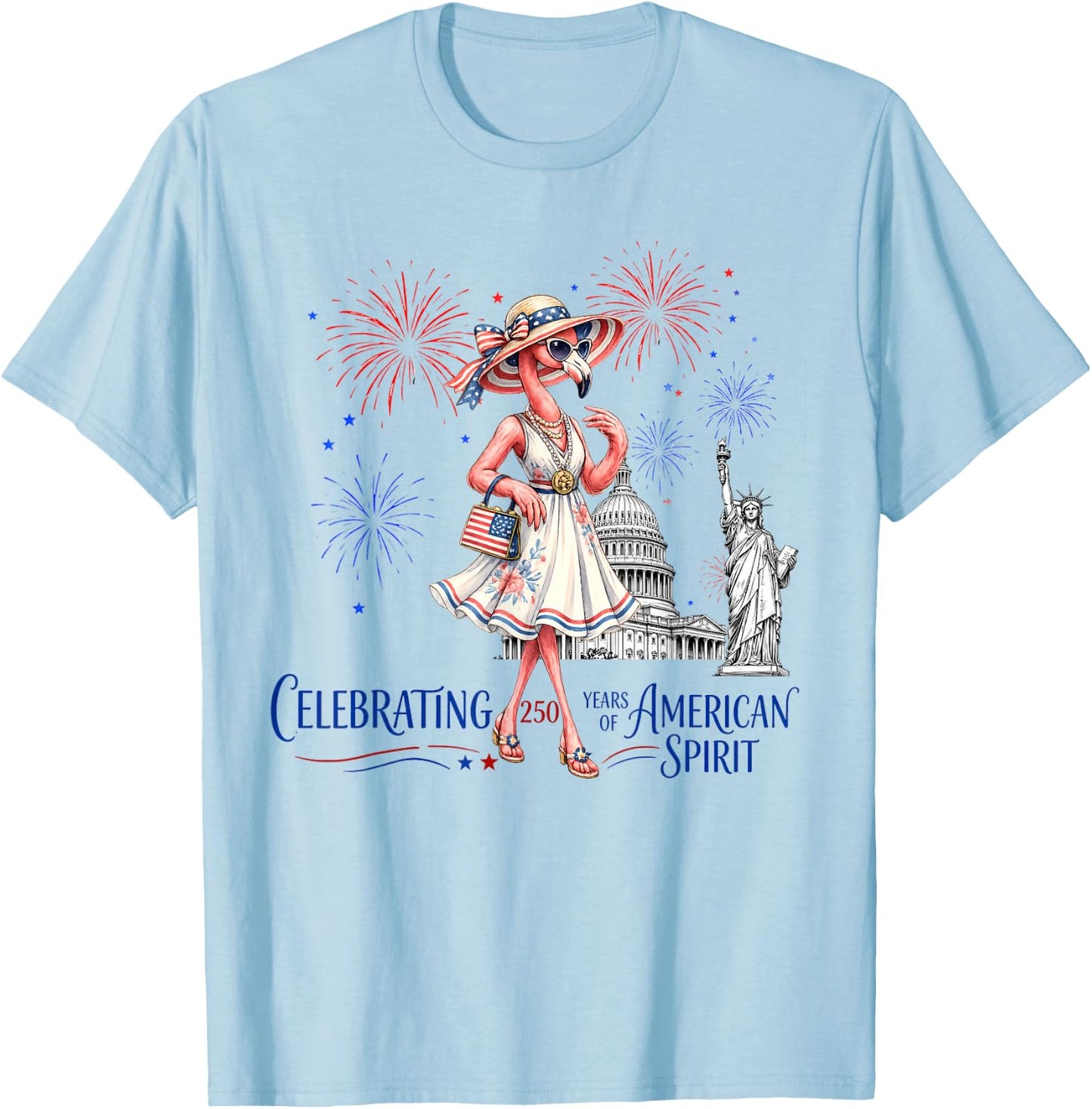 Patriotic Flamingo 250th American 4th of July Women T-Shirt - T-Shirt | Light Blue