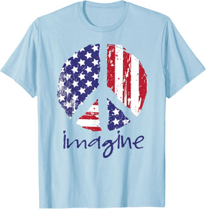 Imagine Peace American Flag USA Peace Sign 4th of July T-Shirt - T-Shirt | Light Blue