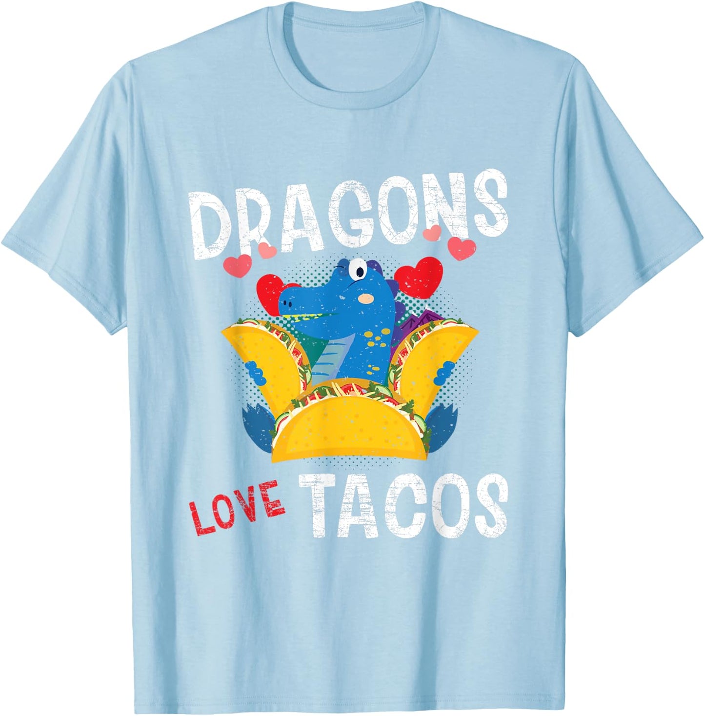 Dragon With Wings Loves Tacos Funny Gift Distressed T-Shirt - T-Shirt | Light Blue
