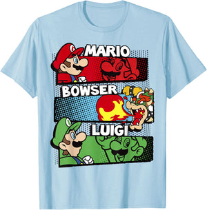 Super Mario Luigi Bowser Panels Group Shot Graphic T-Shirt - T-Shirt | Light Blue