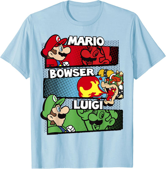 Super Mario Luigi Bowser Panels Group Shot Graphic T-Shirt - T-Shirt | Light Blue