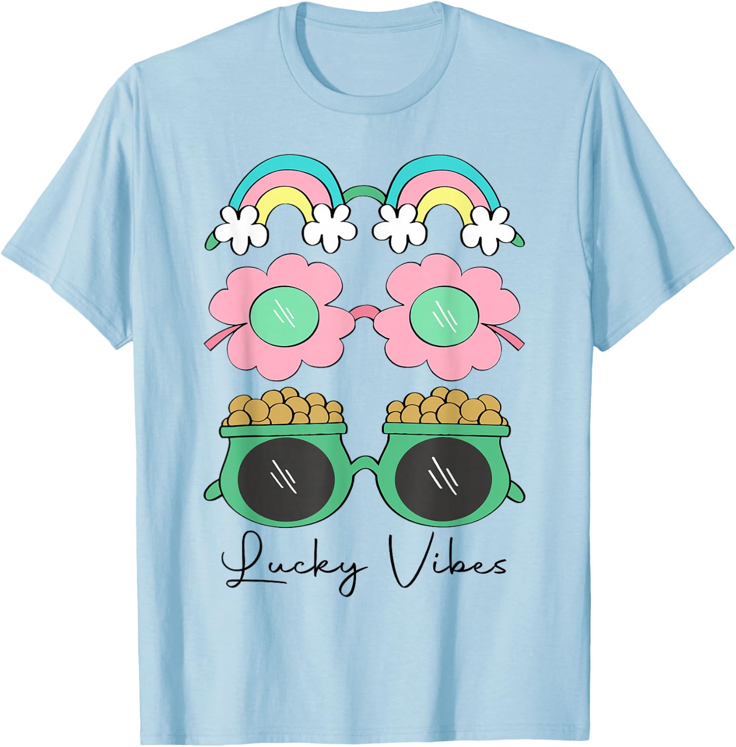 Funny Lucky Vibes Shamrock Women Retro Happy St Patricks Day T-Shirt - T-Shirt | Light Blue