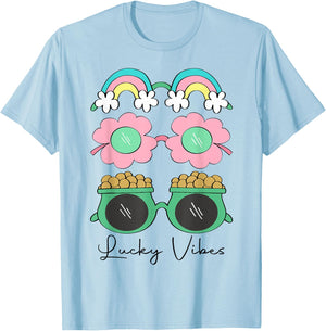 Funny Lucky Vibes Shamrock Women Retro Happy St Patricks Day T-Shirt - T-Shirt | Light Blue