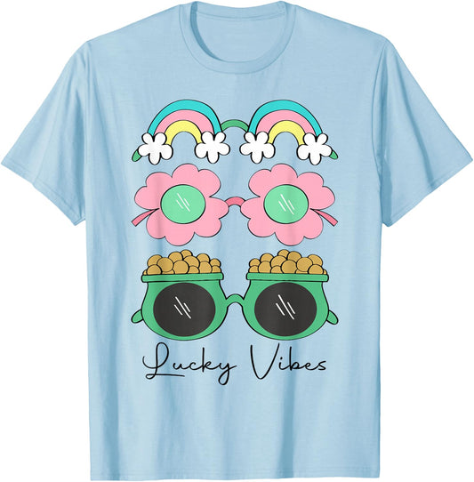 Funny Lucky Vibes Shamrock Women Retro Happy St Patricks Day T-Shirt - T-Shirt | Light Blue