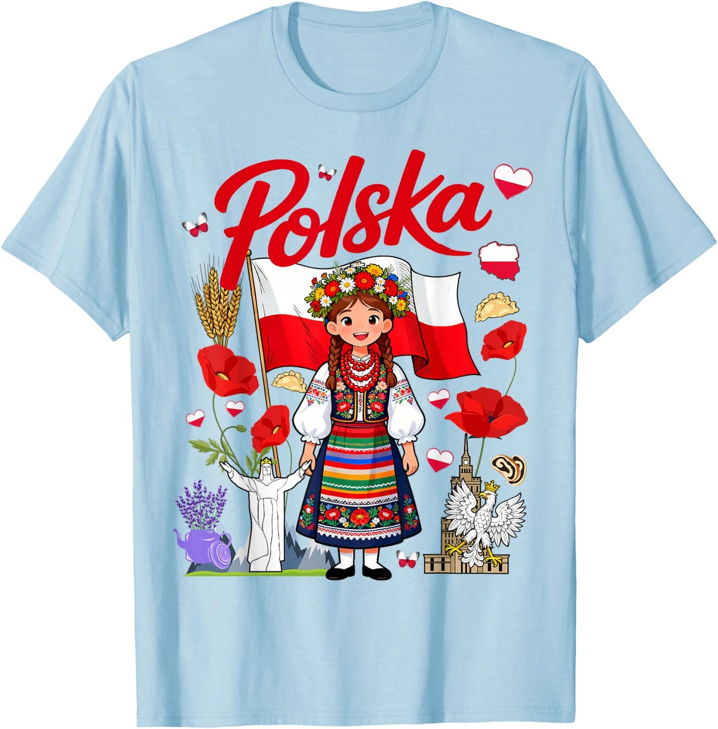 Polish Flag Outfit Idea Polska Poland Folk Flowers T-Shirt - T-Shirt | Light Blue