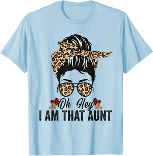 Oh Honey I Am That Aunt Leopard Messy Bun T-Shirt - T-Shirt | Light Blue