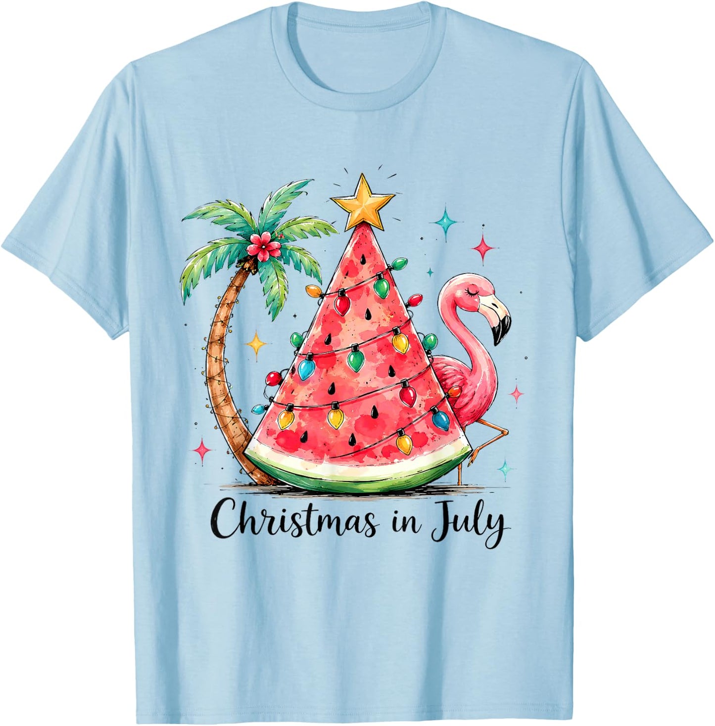 Christmas in July Watermelon Tree Flamingo Palm Tropical T-Shirt - T-Shirt | Light Blue