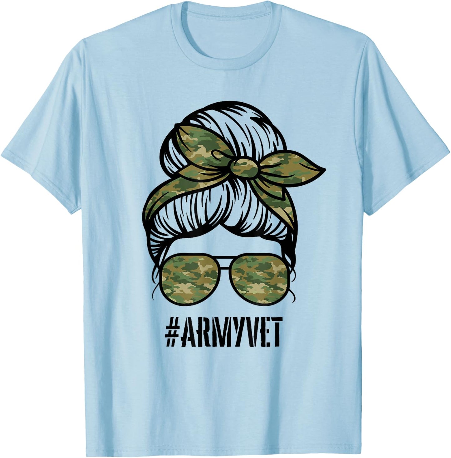 Army Vet Armyvet messy bun camouflage women's Veteran T-Shirt - T-Shirt | Light Blue