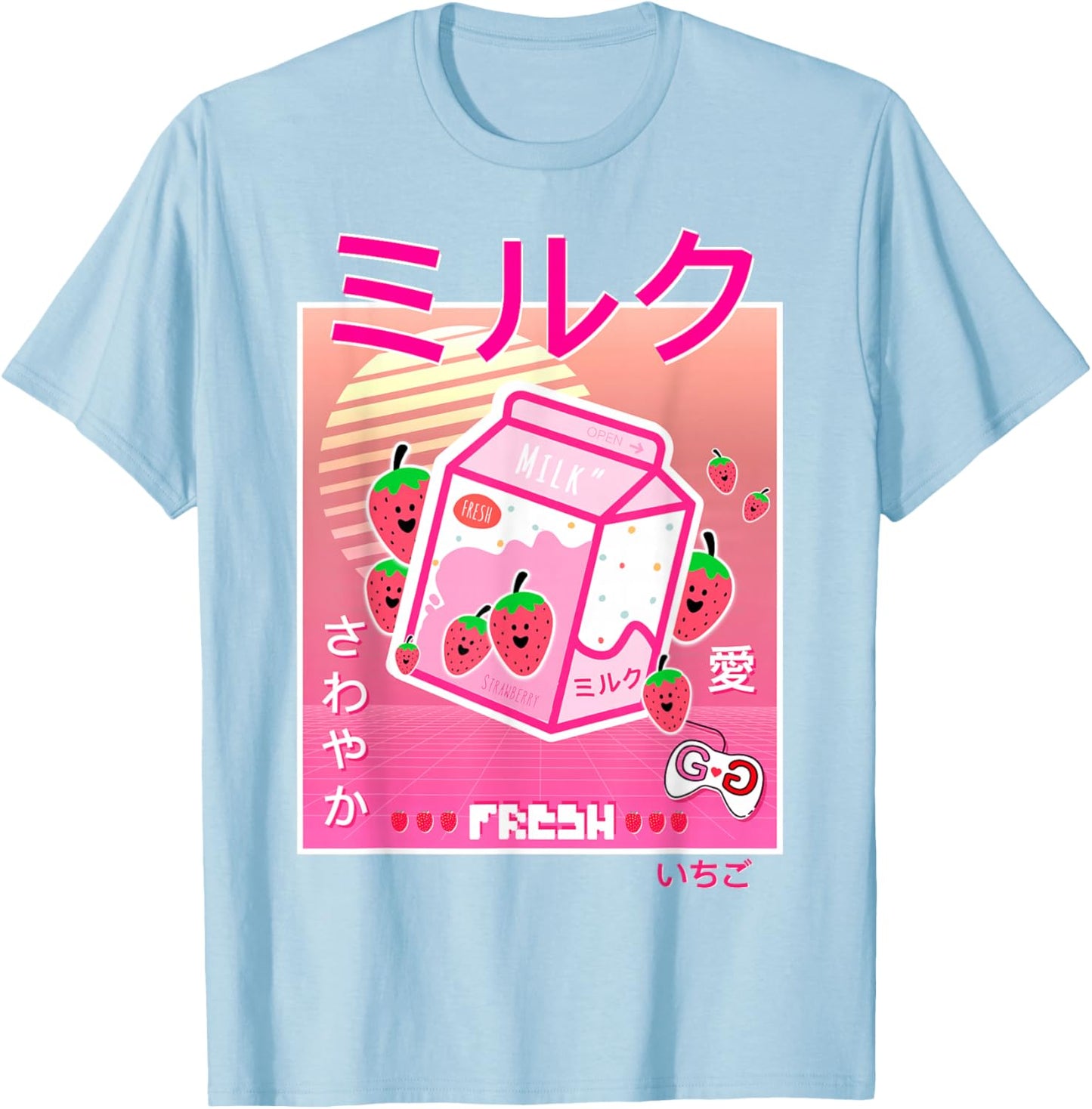 Strawberry Milk Carton Kawaii Pink Aesthetic Otaku Japanese T-Shirt - T-Shirt | Light Blue