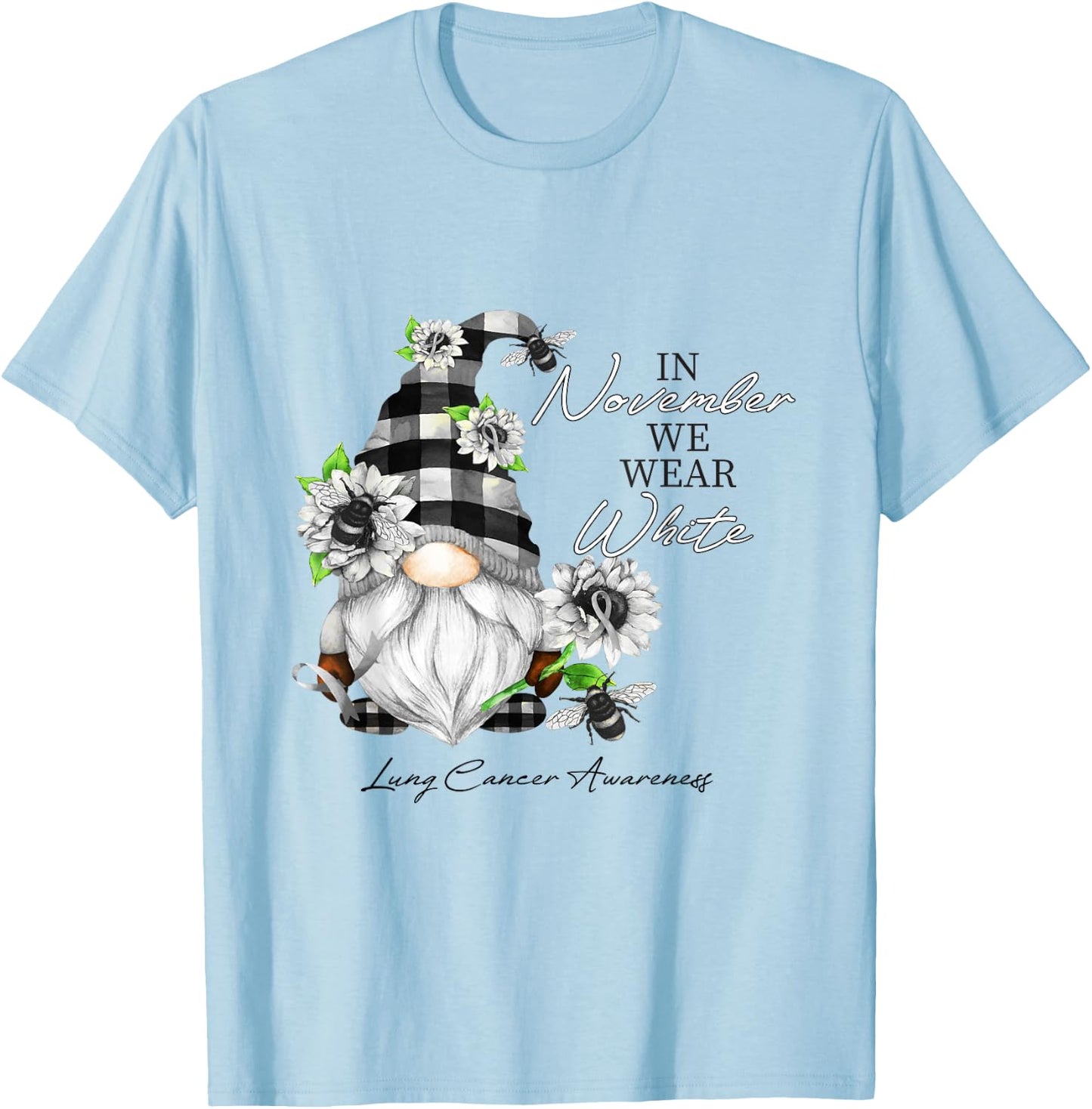 In November We Wear White for Lung Cancer Awareness Gnome T-Shirt - T-Shirt | Light Blue
