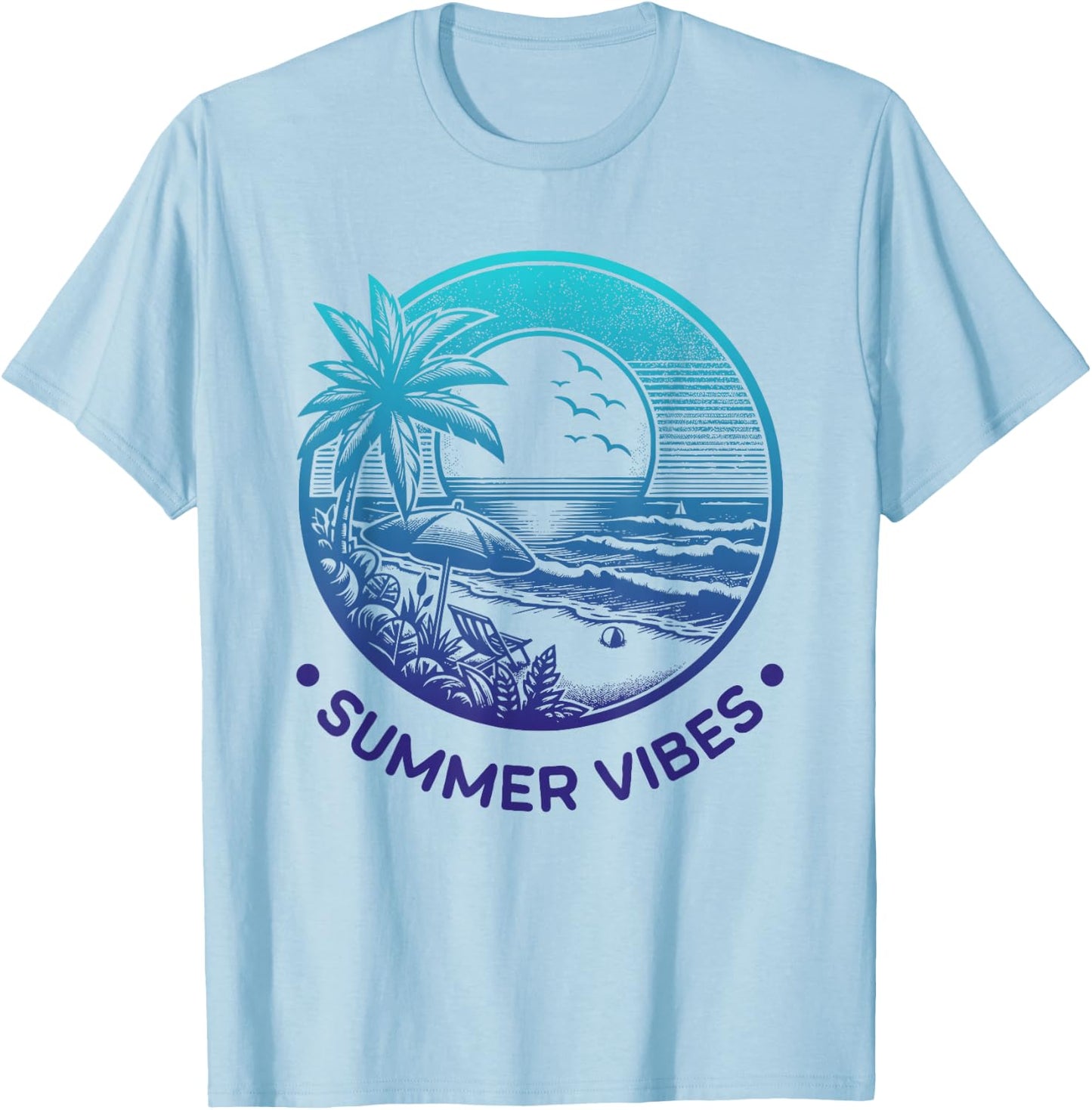 Summer Vibes Tropical Retro Beach Sunset Palm Trees T-Shirt - T-Shirt | Light Blue