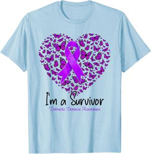 Purple Butterfly Heart I'm A Survivor Domestic Violence T-Shirt - T-Shirt | Light Blue