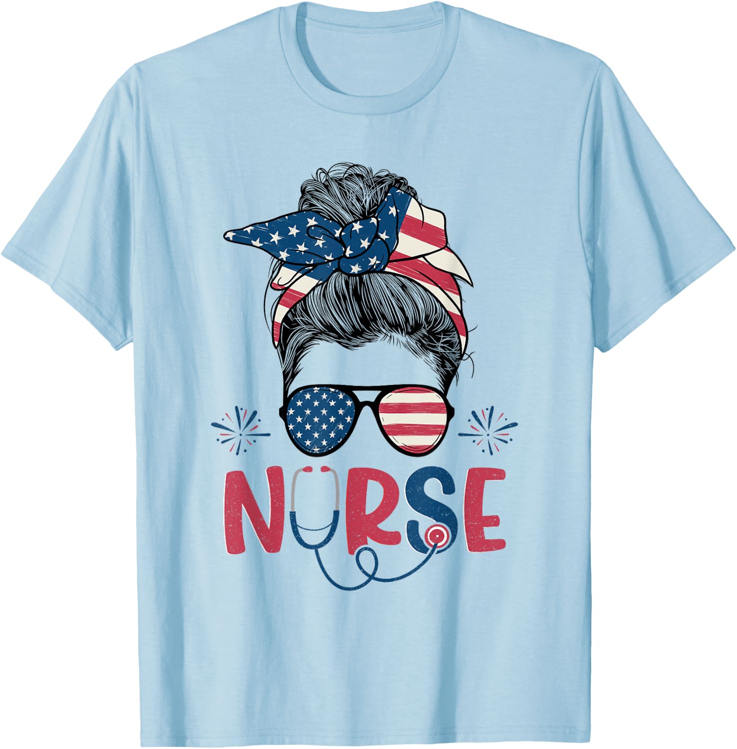 American Flag Patriotic Nurse Messy Bun 4th Of July Nurse Kids Men T-Shirt - T-Shirt | Light Blue