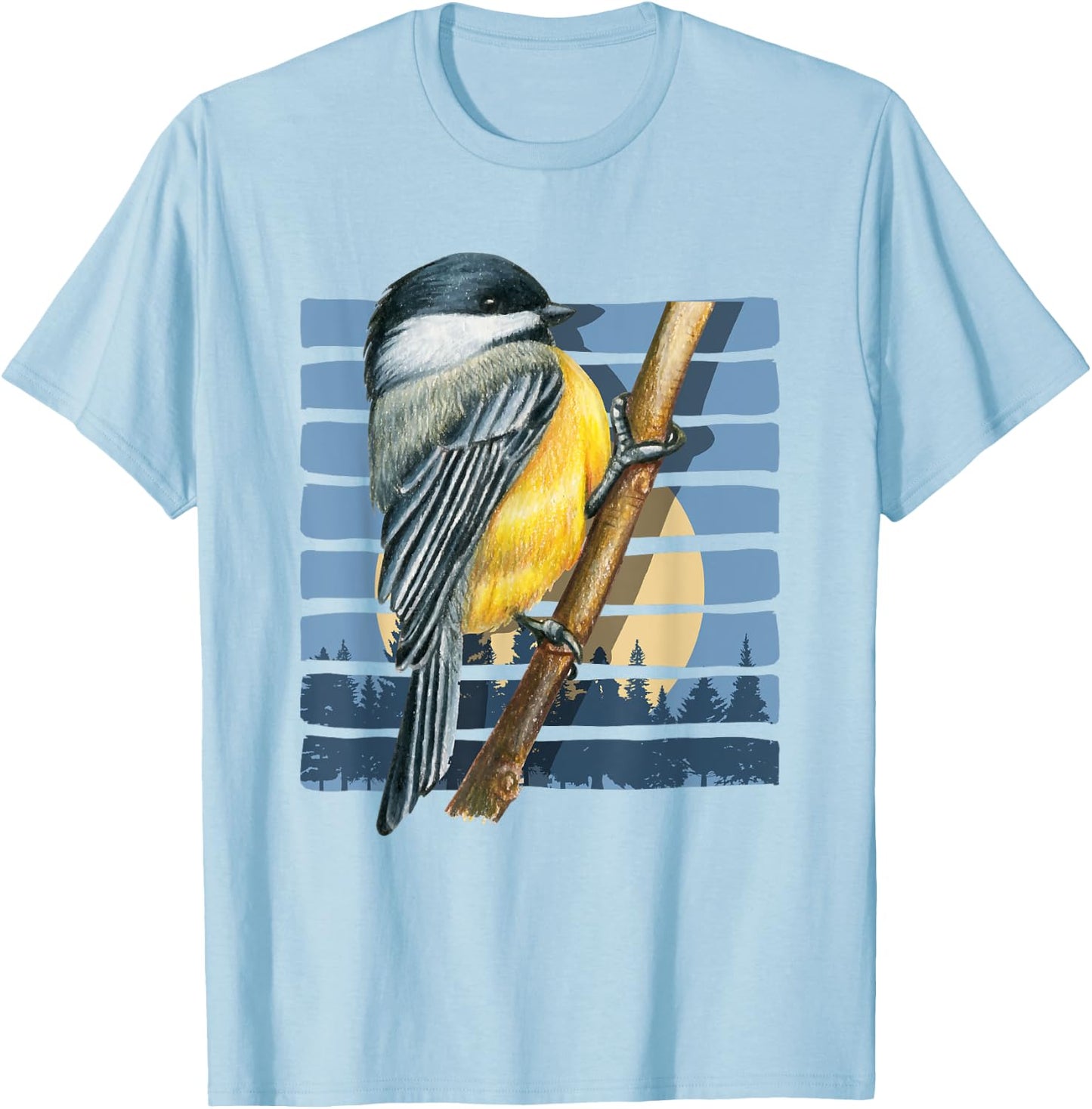 Moon Forest Bird Watching Nature Animal Retro Chickadee T-Shirt - T-Shirt | Light Blue