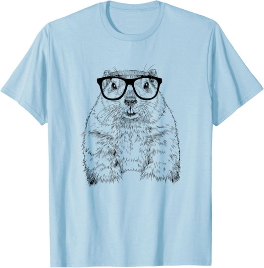The Pawster Hipster Groundhog in Nerd Glasses Adults' Grey Cotton Polyester Blend T-Shirt - T-Shirt | Light Blue