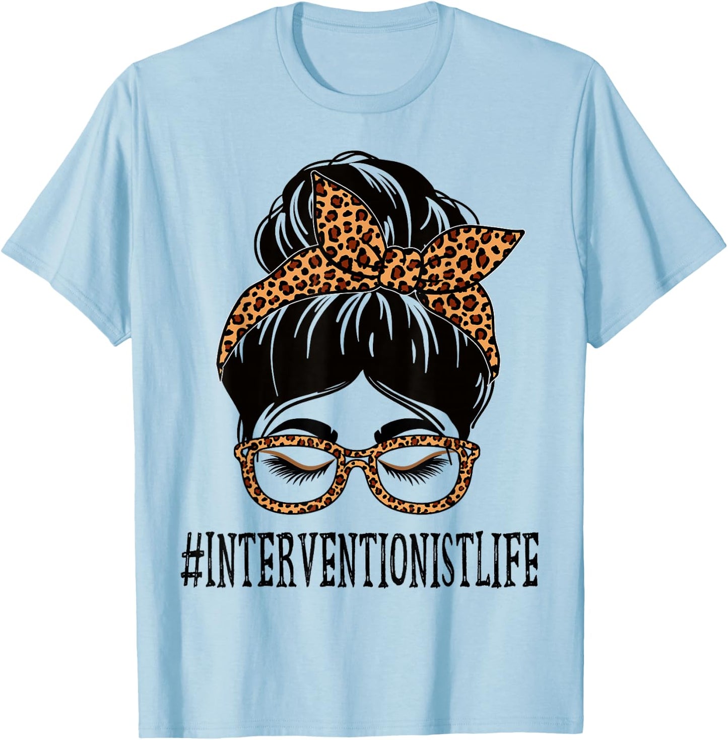 Interventionist Leopard Messy Bun Women Back To School T-Shirt - T-Shirt | Light Blue