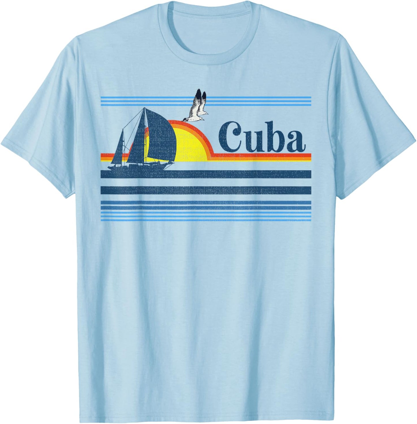 Cuba - Travel Beach Retro 70s 80s Sailing Boat Sunset Surf Men Women Kids T-Shirt - T-Shirt | Light Blue